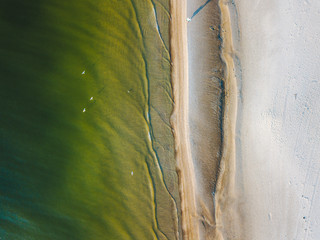Looking down at the beach. Drone aerial view. Baltic sea coast