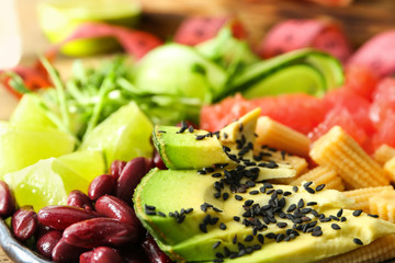 Delicious fresh salad on plate, closeup