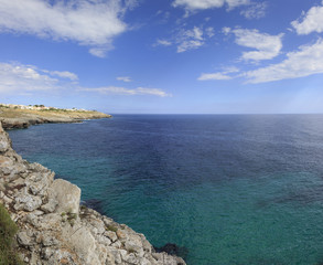 Coastline of Santa Maria di Leuca, the southernmost point of Italy, Apulia, (Salento). Beauty of natural rocks and sea at the very end of Italy.