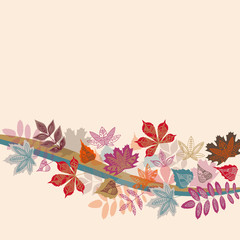 Hand drawn autumn typography poster with colorful leaves in flat style. Vector illustration for Thanksgiving day, greeting cards, invitations. Seasonal frame, border for sale, web banner template