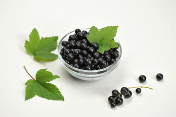 In a transparent cup of black currant berries. In the frame of leaves of black currant. Light background. Close-up.