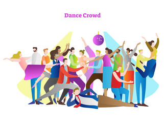 Dance crowd vector illustration. Adult friends and couples enjoying life, club, celebration and active entertainment. Disco light, beam and colorful, modern, casual style