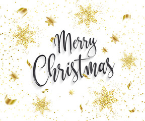 Cute Merry Christmas background with glamour golden glitter snowflakes and golden confetti foil