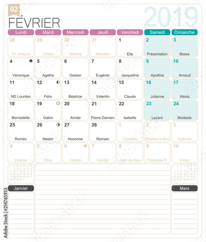 French Calendar - February 2019 / French calendar 2019 image relating to Calendar February Printable named French Calendar - February 2019 / French calendar 2019