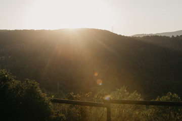 Golden sunset on the mountains covered with green forest in Spain. Wooden fence on the front. Photo with sun reflection.