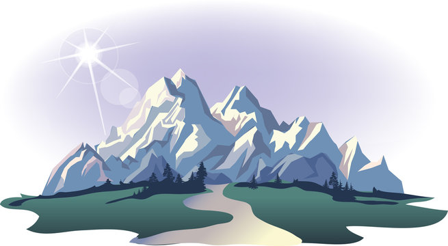 Vector morning mountain and valley with river