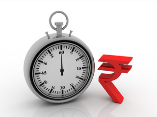 Rupee currency with stop watch . 3D rendering illustration