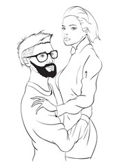 Fashionable guy and girl in the arms. Love and fashion illustration