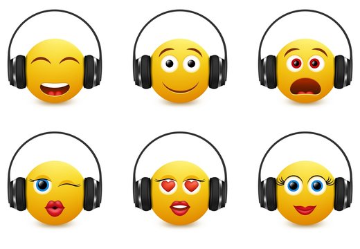 Music emoji in headphones vector icon set