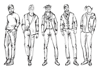 Fashion man. Set of fashionable men's sketches on a white background. Spring men.