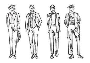 Fashion man. Set of fashionable men's sketches on a white background. Spring men.