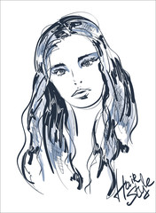 Sketch of the face of a fashion girl. Fashion girl face. Women face on white background.