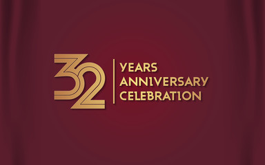 32 Years Anniversary Logotype with  Golden Multi Linear Number Isolated on Red Curtain Background