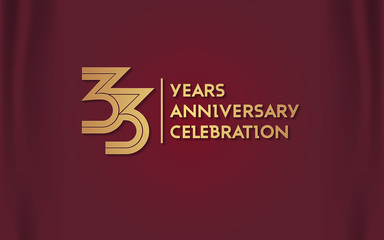 33 Years Anniversary Logotype with  Golden Multi Linear Number Isolated on Red Curtain Background