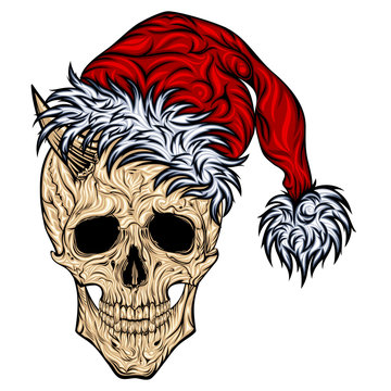 Skull of Santa Claus with horns and a red cap