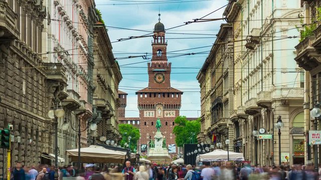 milan city day light famous pedestrian street panorama 4k timelapse italy
