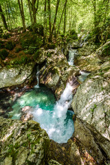 Idyllic mountain river in Lepena valley, Soca - Bovec Slovenia. - obrazy, fototapety, plakaty