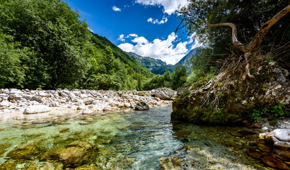 Fototapeta na wymiar Idyllic mountain river in Lepena valley, Soca - Bovec Slovenia.