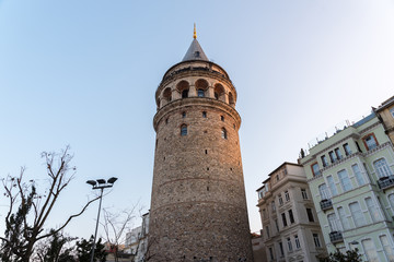 Fototapeta na wymiar View over Galata Tower(Turkish: Galata Kulesi) (Galata Kulesih) Christea Turris is a medieval famous landmark stone tower architecture, in beyoglu, Istanbul.ISTANBUL/TURKEY- FEBRUARY 18,2017
