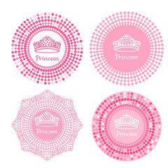 Vector Set princess sign with tiara on frame with curls pink hand drawn. © Inga Maya