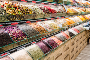 Tea shop. Colorful counter with tea