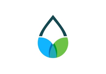 water drop leaf logo symbol shape, blue and green waterdrop spring icon concept, dew water and botany sign vector logo design template