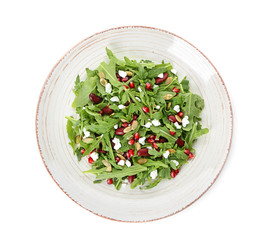 Plate with delicious healthy fresh salad on white background