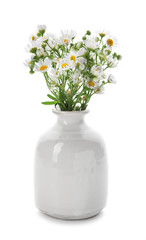 Vase with beautiful chamomile flowers on white background