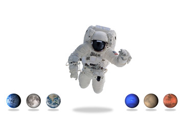 Astronaut in outer space with planets. Minimal art. Elements of this image furnished by NASA.