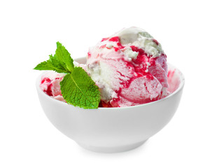 Bowl of tasty ice cream with sweet jam on white background