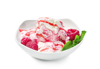 Bowl with tasty raspberry ice cream on white background