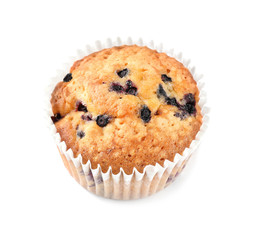 Sweet blueberry muffin on white background