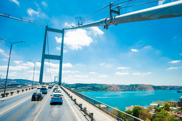 ISTANBUL, TURKEY - JULY 11, 2017: Traffic on Bosphorus Bridge. Bridge on Bosphorus connecting the european waterside of Istanbul with the asian waterside