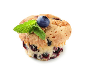 Sweet blueberry muffin on white background