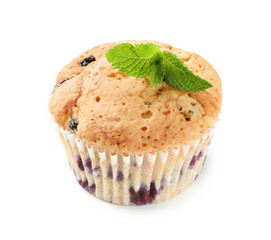 Sweet blueberry muffin on white background