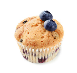 Tasty muffin with blueberries on white background