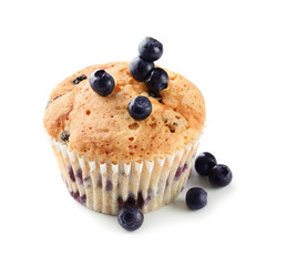 Tasty muffin with blueberries on white background