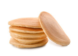 Delicious pancakes on white background