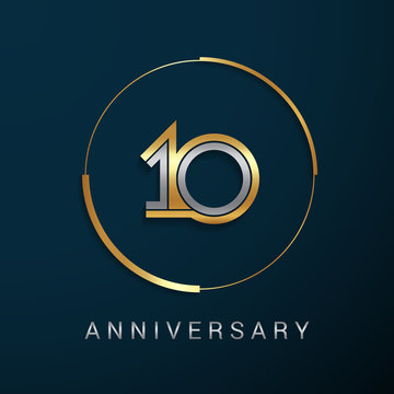 10 Years Anniversary Logotype with  Gold and Silver Multi Linear Number in a Golden Circle , Isolated on Dark Background