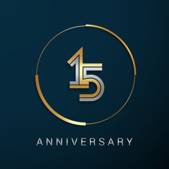 15 Years Anniversary Logotype with  Gold and Silver Multi Linear Number in a Golden Circle , Isolated on Dark Background