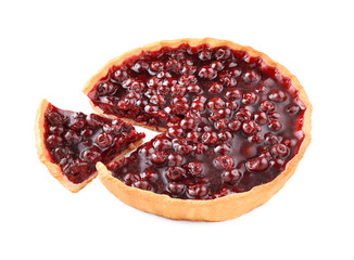 Tasty homemade cherry pie on white background
