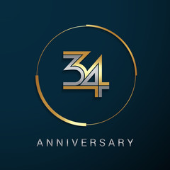 34 Years Anniversary Logotype with  Gold and Silver Multi Linear Number in a Golden Circle , Isolated on Dark Background