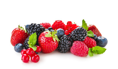 Delicious ripe berries on white background