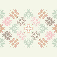 Cross stitch Norwegian snowflakes. Seamless vector background. Folk motives. Winter pattern. Textile rapport.