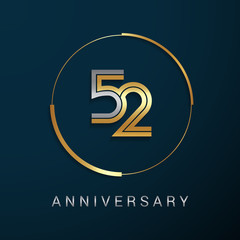 52 Years Anniversary Logotype with  Gold and Silver Multi Linear Number in a Golden Circle , Isolated on Dark Background