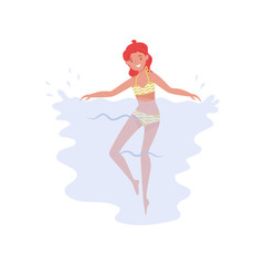 Beautiful girl swimming in the sea. Summer recreation. Red-haired woman with smiling face. Flat vector icon