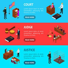 Court Session Concept Banner Horizontal Set 3d Isometric View. Vector
