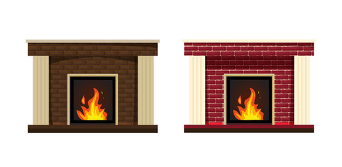 Set of two classic fireplace with red and brown brick inside. The element of the interior living room. Vector isolated illustration. Comfortable, cozy, warm, home fireplace. Warm winter christmas