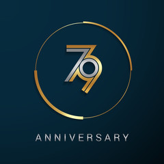 79 Years Anniversary Logotype with  Gold and Silver Multi Linear Number in a Golden Circle , Isolated on Dark Background