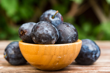 Fresh ripe plums in wooden bowl close